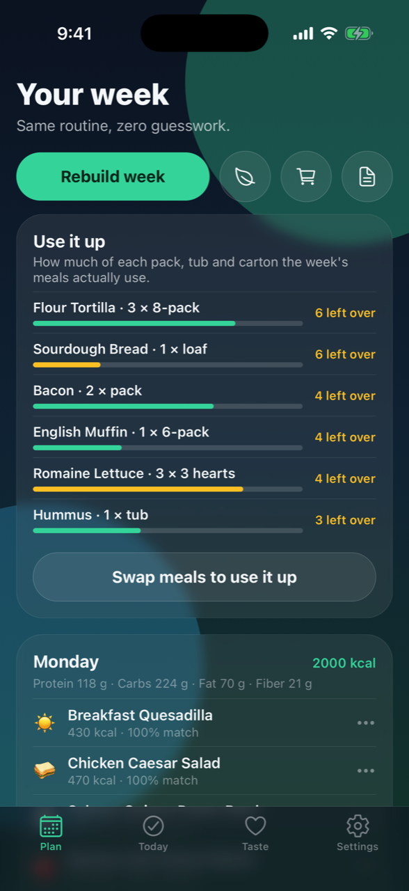 Use it up panel listing each opened pack with a progress bar and leftover count