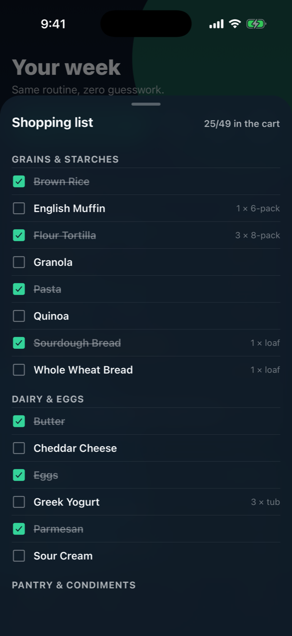 Shopping list grouped by aisle with pack quantities and check-offs